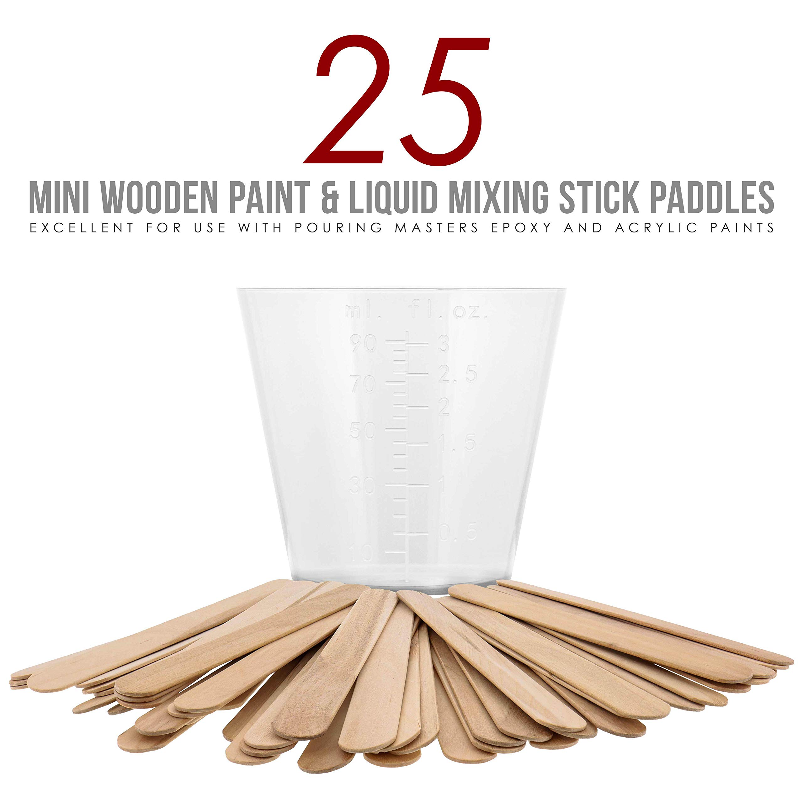 Pouring Masters Vasos medidores de plástico graduados de 3 onzas (90 ml) (100 vasos transparentes y 25 varillas de mezcla) – para pintura acrílica, resina, epoxi, arte, cocina, cocina, medicina,