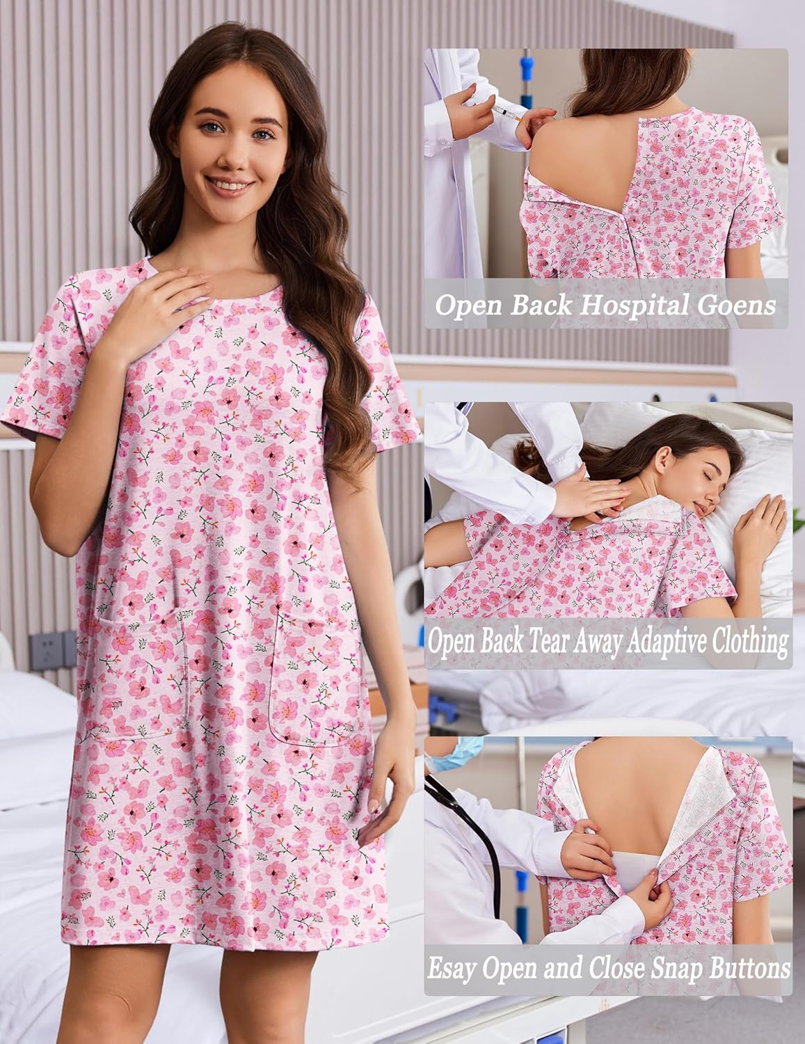 Deyeek Hospital Gowns for Women Open Back Tear Away Snap Nursing Dress Short Sleeve Soft Adaptive Clothing With Pockets - Image 4