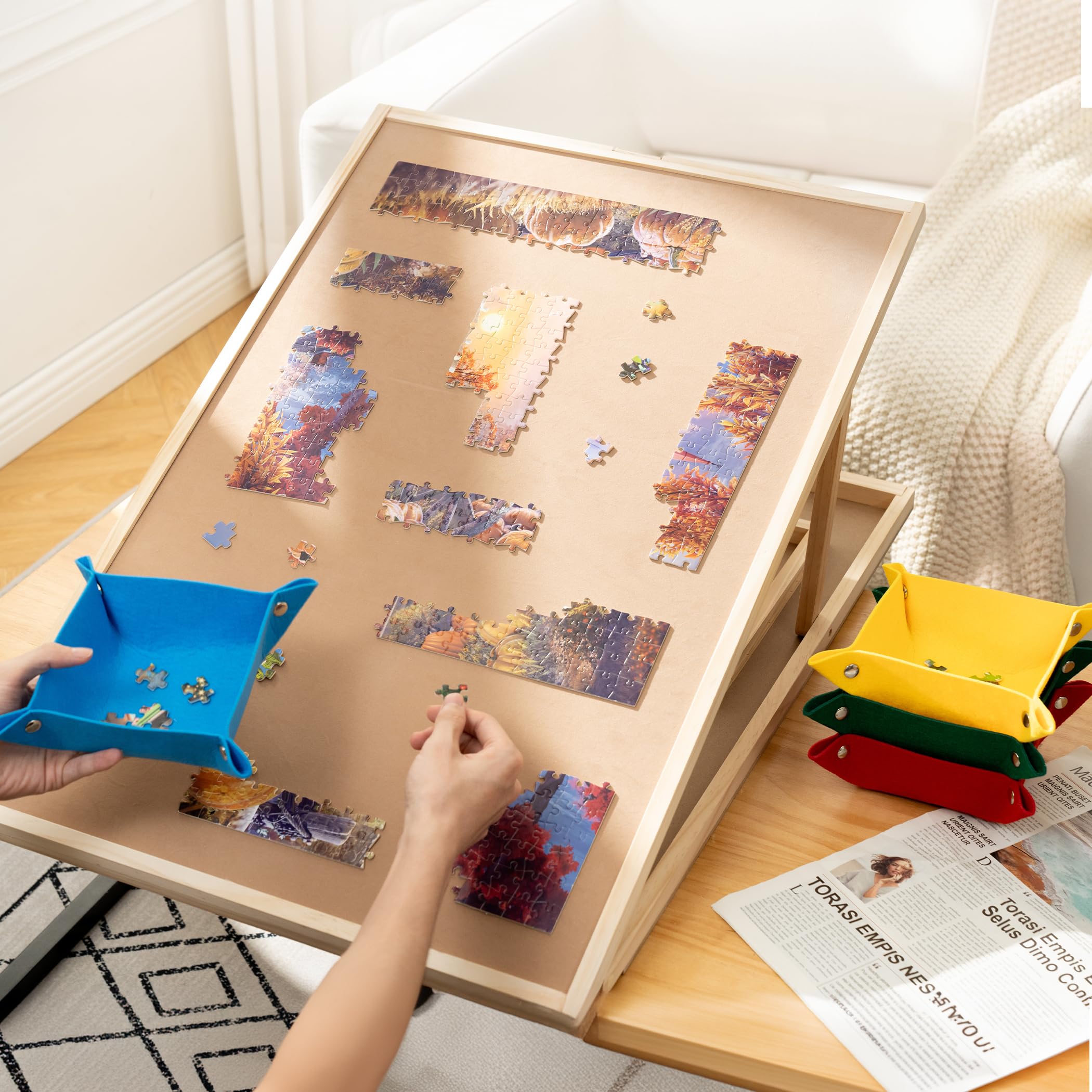 Tektalk Planche de Puzzle Convertible, Utilisation bidirectionnelle, Table de Puzzle réglable avec Couvercle, 4 Plateaux de tri colorés, Plateau en Bois à 4 Angles d'inclinaison, jusqu'à 1000 pièces