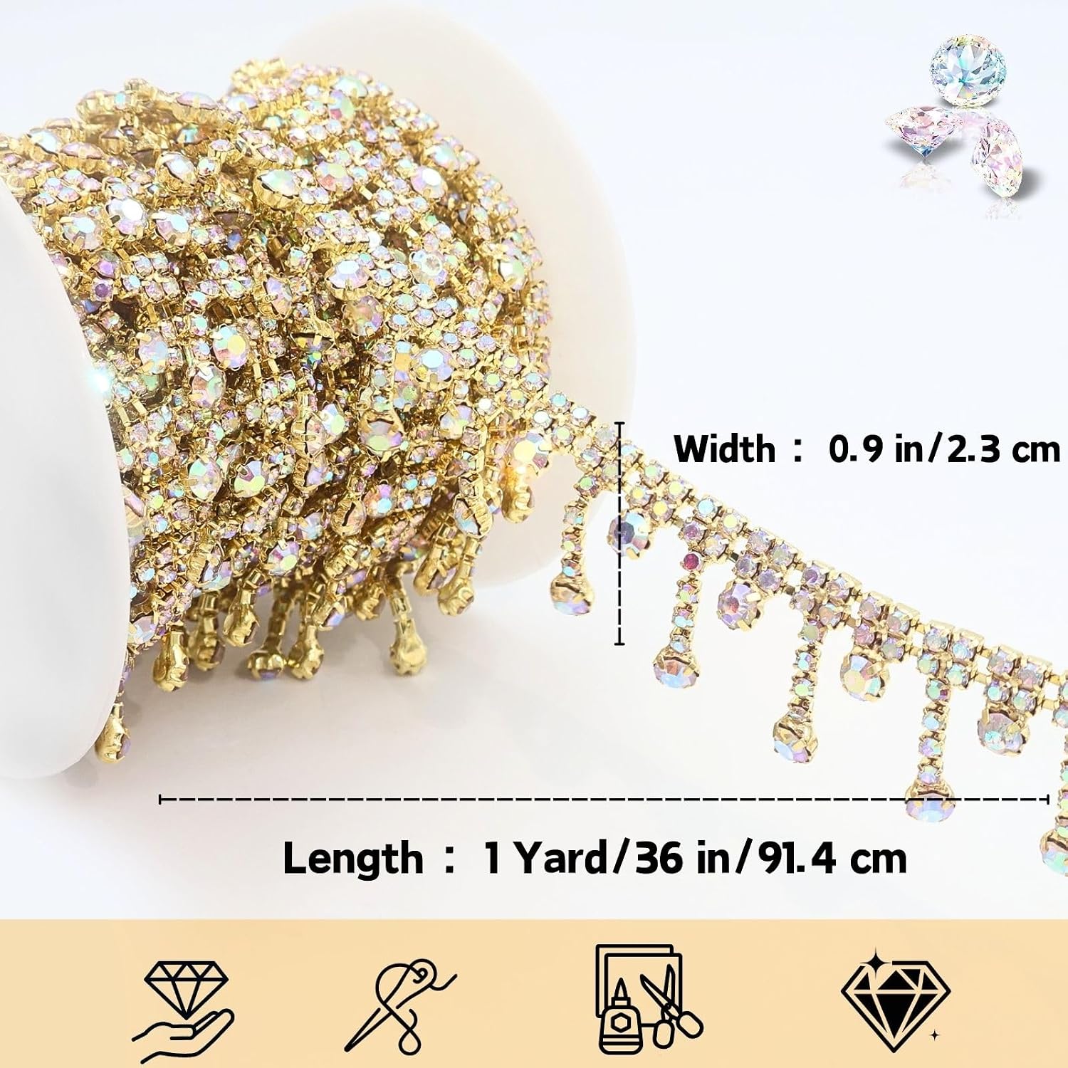 Bijou Joon 1 Yard Gold AB Rhinestone Trim Chain Crystal Trim Chain Fringe Tassel Straps DIY for Crafts Bridal Sewing Dress Embellishments Wedding Accessories Decorar