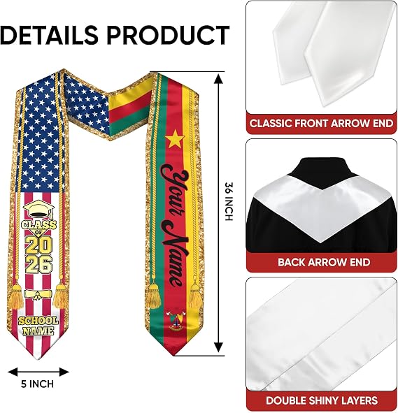 Cameroonian Graduation Sash, Custom Cameroonian American Flag Sash 2026, Cameroon Graduation Stole