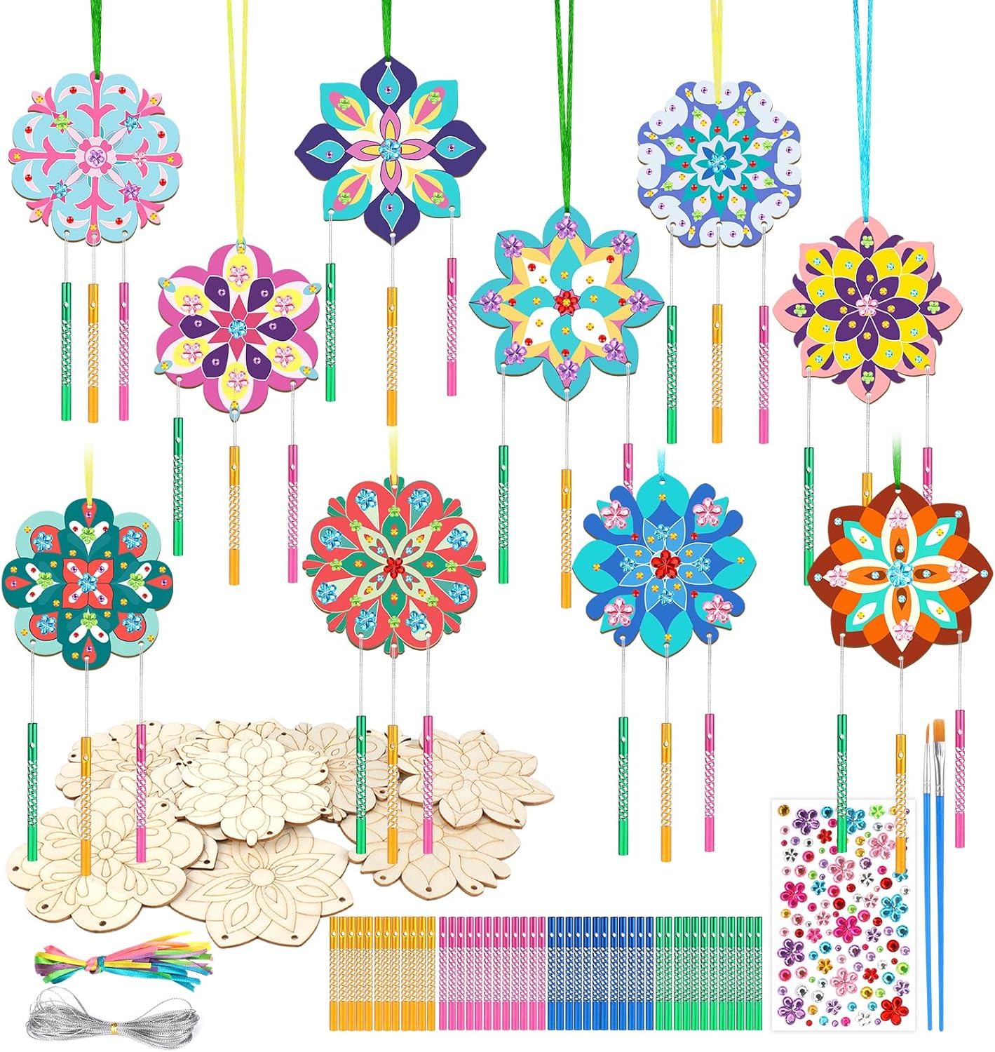 SRIZIAN 10 Pack Mandala Wind Chime Kit for Kids, DIY Coloring Wood Crafts for Girls Boys Activities Birthday Party Decoration