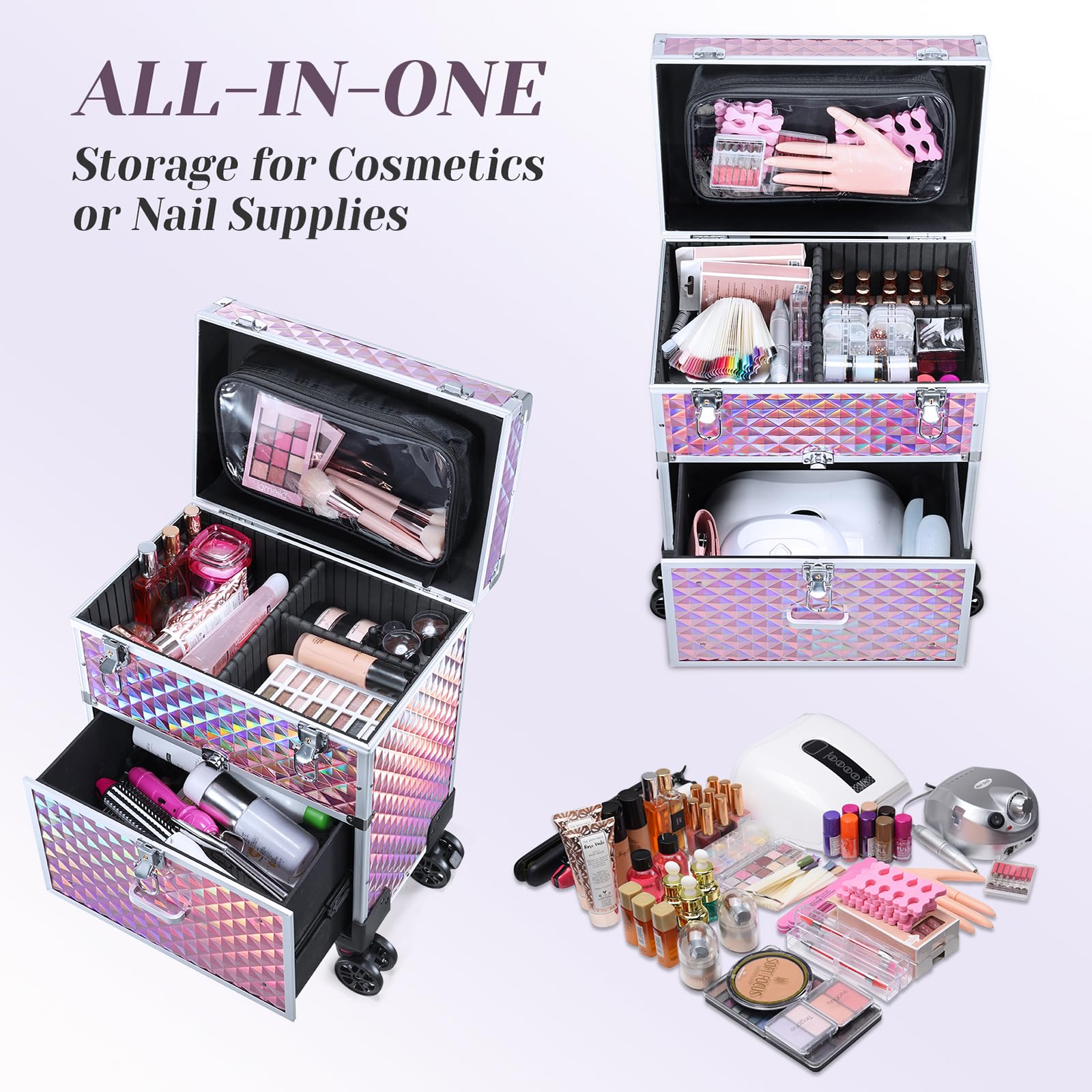 Kosmetikkoffer Trolley Kosmetik Trolley mit Schublade Make up Koffer Schminkkoffer Friseurkoffer mit Rollen Beauty Case Nagelkoffer Nageldesign Koffer,Rosa