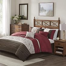 Madison Park Serene Faux Silk Comforter Set - Floral Embroidery Design, All Season Bedding Set, Matching Bed Skirt, Decorative Pillows, Red Cal King104"x92" 7 Piece