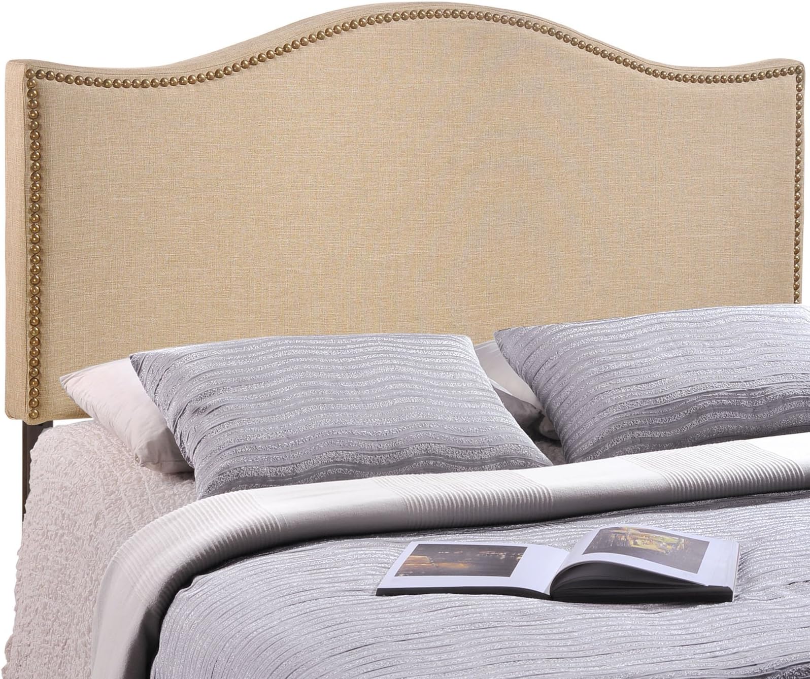 Curl Linen Fabric Upholstered Queen Headboard with Nailhead Trim and Curved Shape in Café