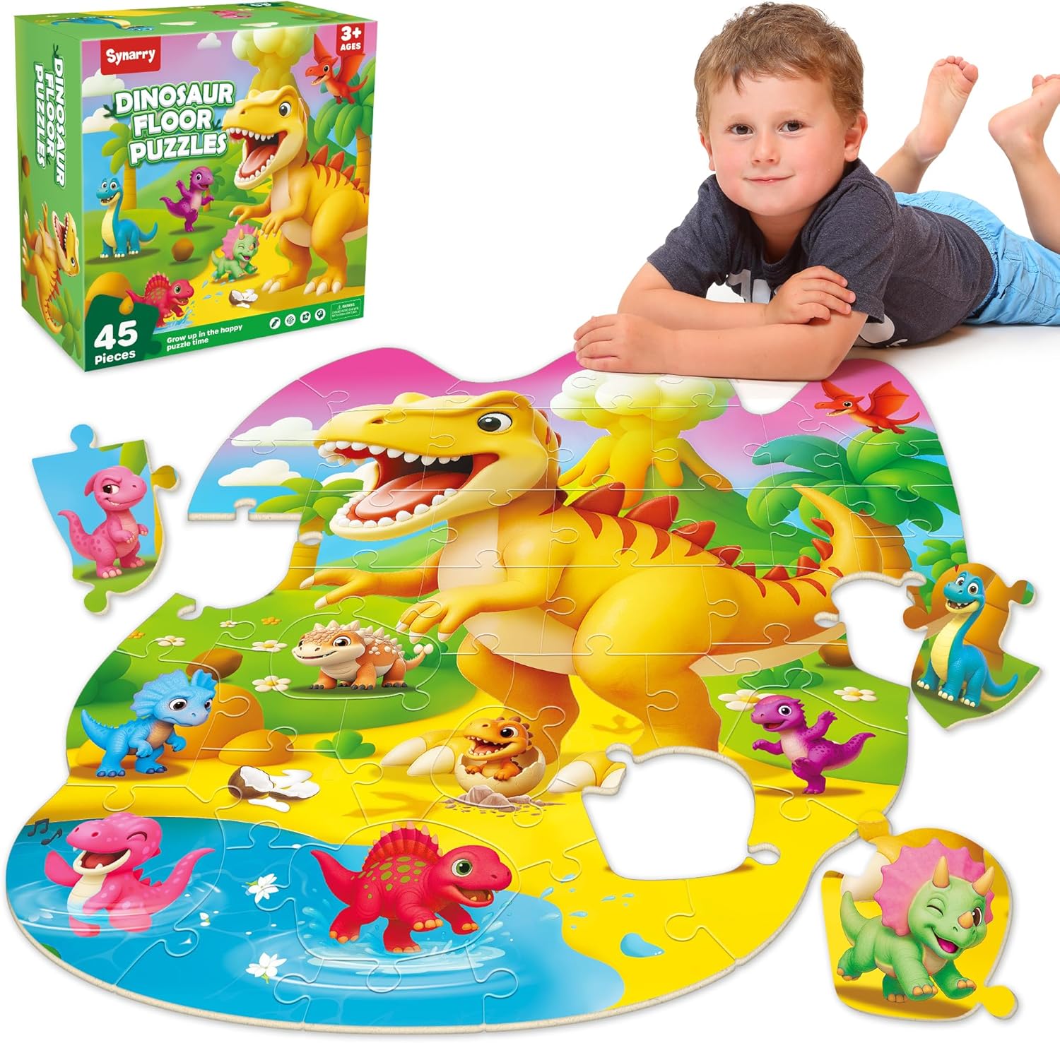 SYNARRY Dinosaur Floor Puzzles for Kids Ages 4-6, Large 45 Piece Floor Puzzles for Kids Ages 3-5, Puzzles for 4-8 Years Old, Dinosaur Toys Easter Basket Stuffers Gifts for 3 4 5 6 7 8 Year Old Boys