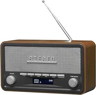 Denver DAB-18 Vintage Style Stereo DAB/DAB+ & FM Radio – Real Wood Cabinet, Bluetooth, Clock Radio Alarm, AUX IN for Smart Phone/Tablet / MP3 Player – Mains or Battery