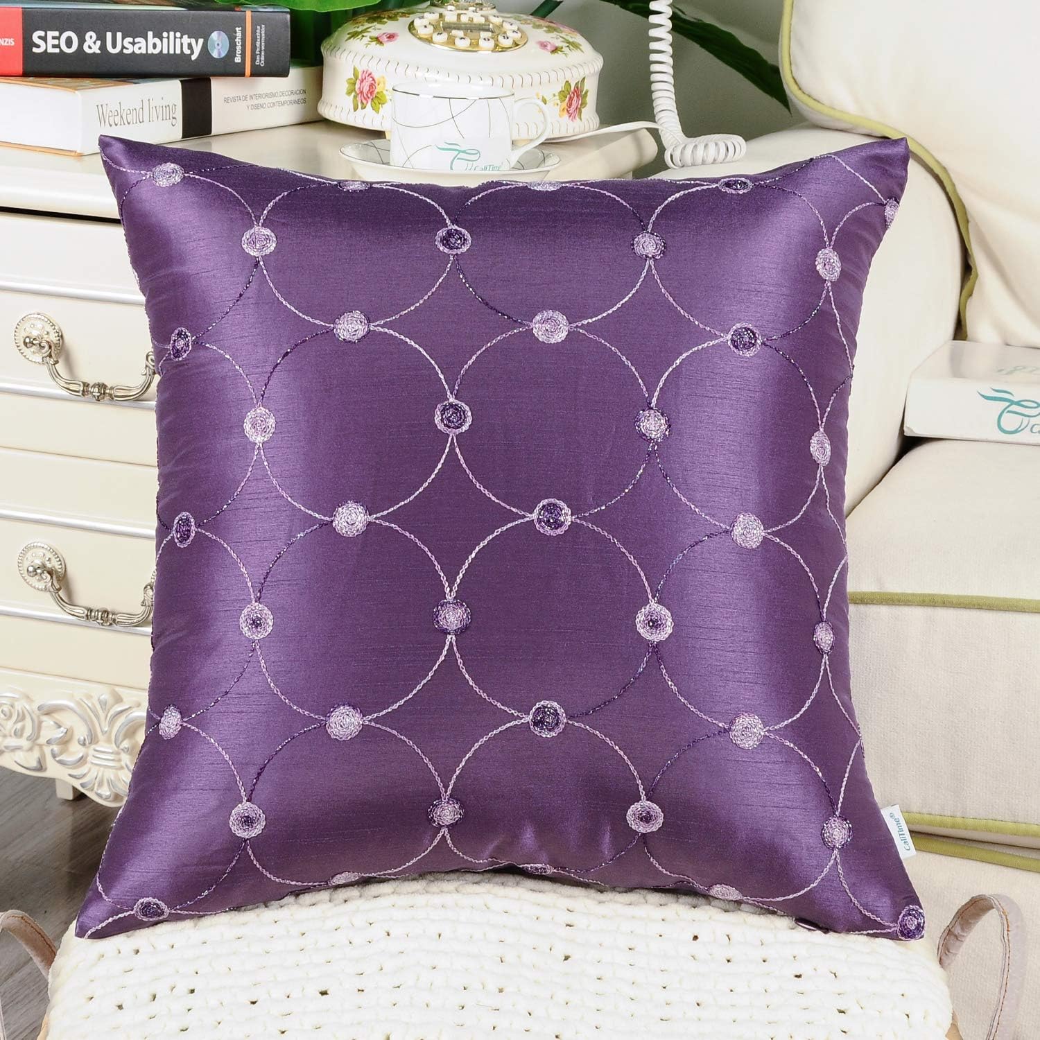 CaliTime Pack of 2 Cushion Covers Throw Pillow Cases Shells for Sofa Couch Home Decoration Modern Simple Circles Rings Dots Geometric Chain Embroidered 18 X 18 Inches Purple