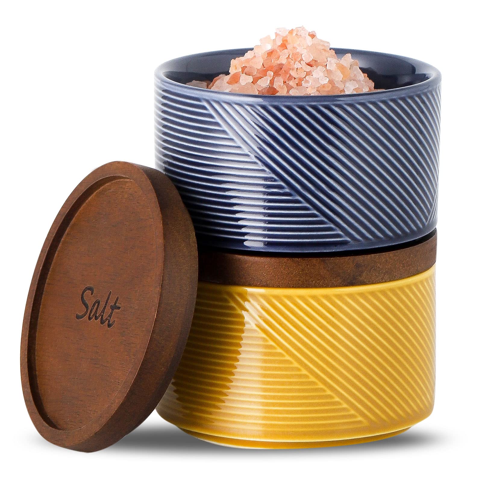 Salt and Pepper Bowls : 10 oz Ceramic Salt Cellar with Lid - Stacked Salt Box for Countertop - Spice/Seasoning Storage Containers - Salt Pepper Bowl Set of 2 (WOODEN LID)