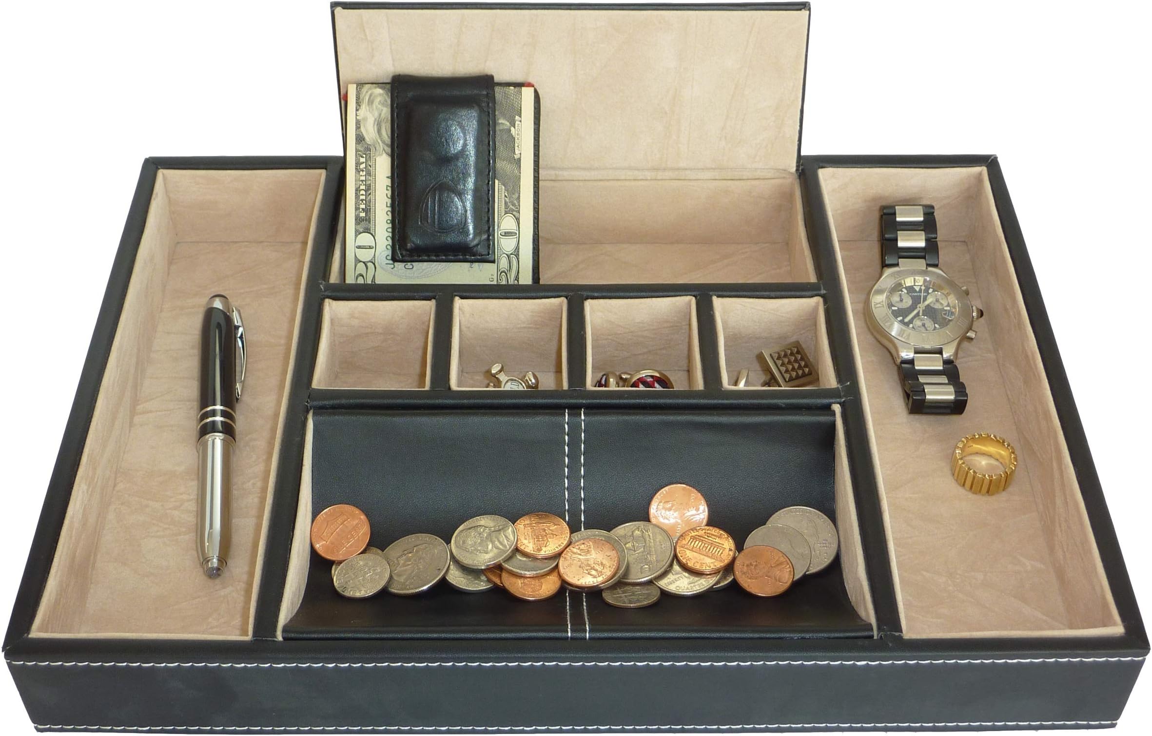 TIMELYBUYS Black Leatherette Valet Tray Desk Dresser Drawer Organizer Coin Case Catch-all for Keys, Phone, Jewelry, Watches, and Accessories Father's Day Gift