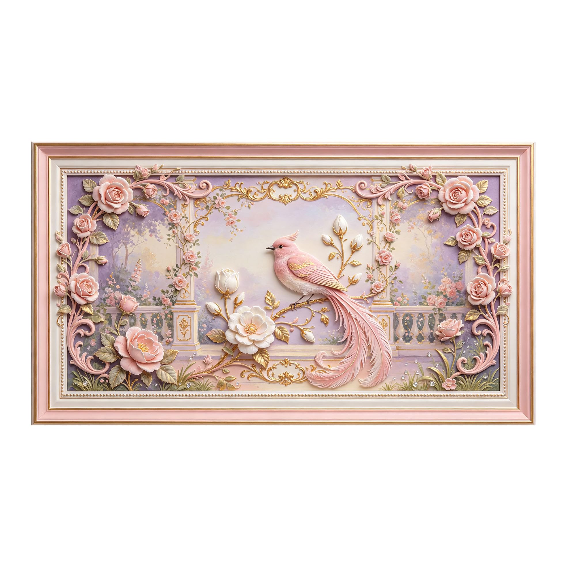Yzpallescene 3D 3D Framed Wall Art 50cm×90cm Pink Bird and Rose Floral Baroque Romantic Garden Oil Painting Large Size SelfAdhesive Removable Wall Decor Prints Artwork for Living Room Bedroom Office