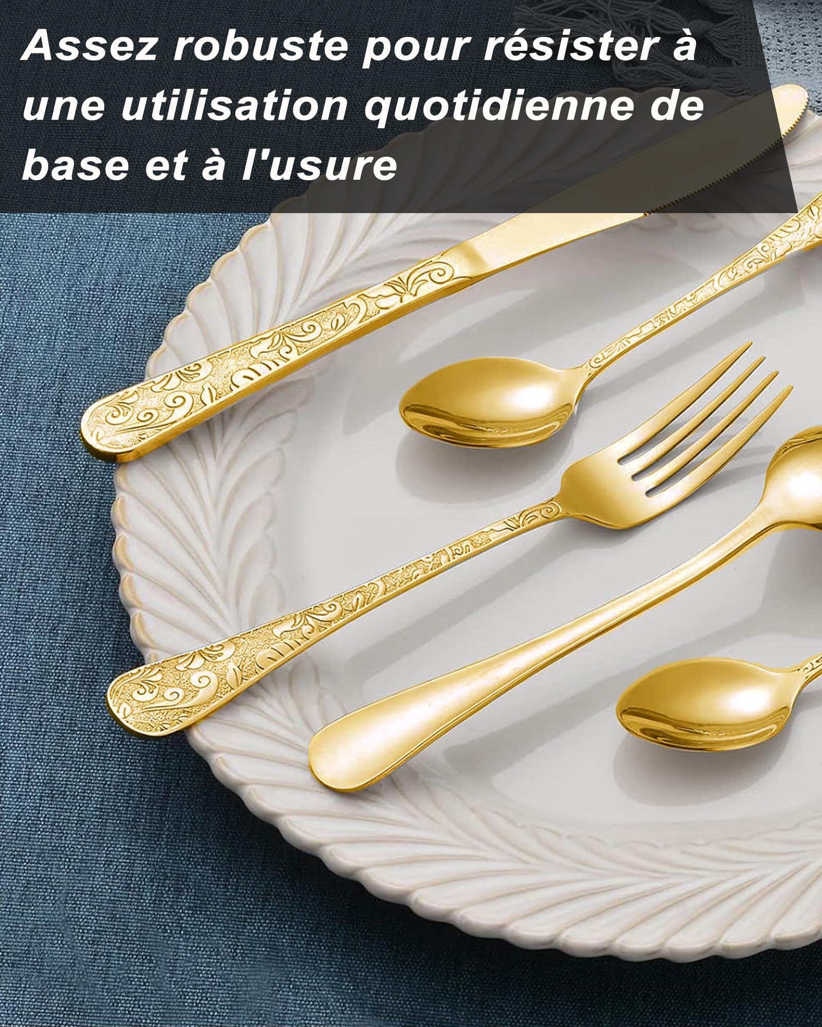 Ensemble de couverts vintage en or sculpté 24 pièces pour 6 personnes, vaisselle en acier inoxydable avec couteau/fourchette/cuillère, ensemble de couverts pour la maison et la cuisine