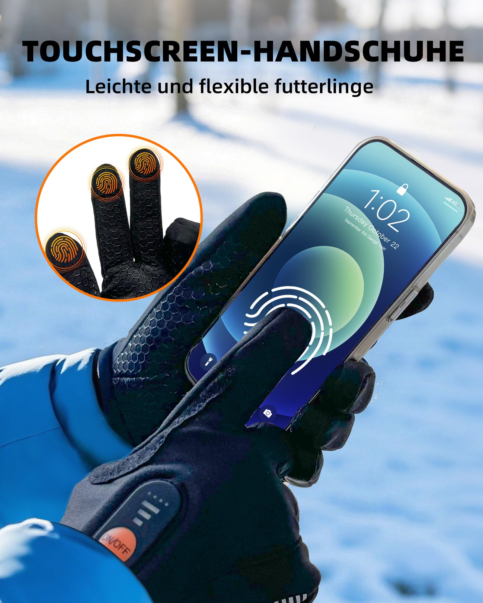 EBOSSOM Beheizbare Handschuhfutter, Winterhandschuhe Herren Damen, Wiederaufladbare Batterie Warme Touchscreen Handschuhe, fürs Skifahren Wandern Radfahren Motorradfahren
