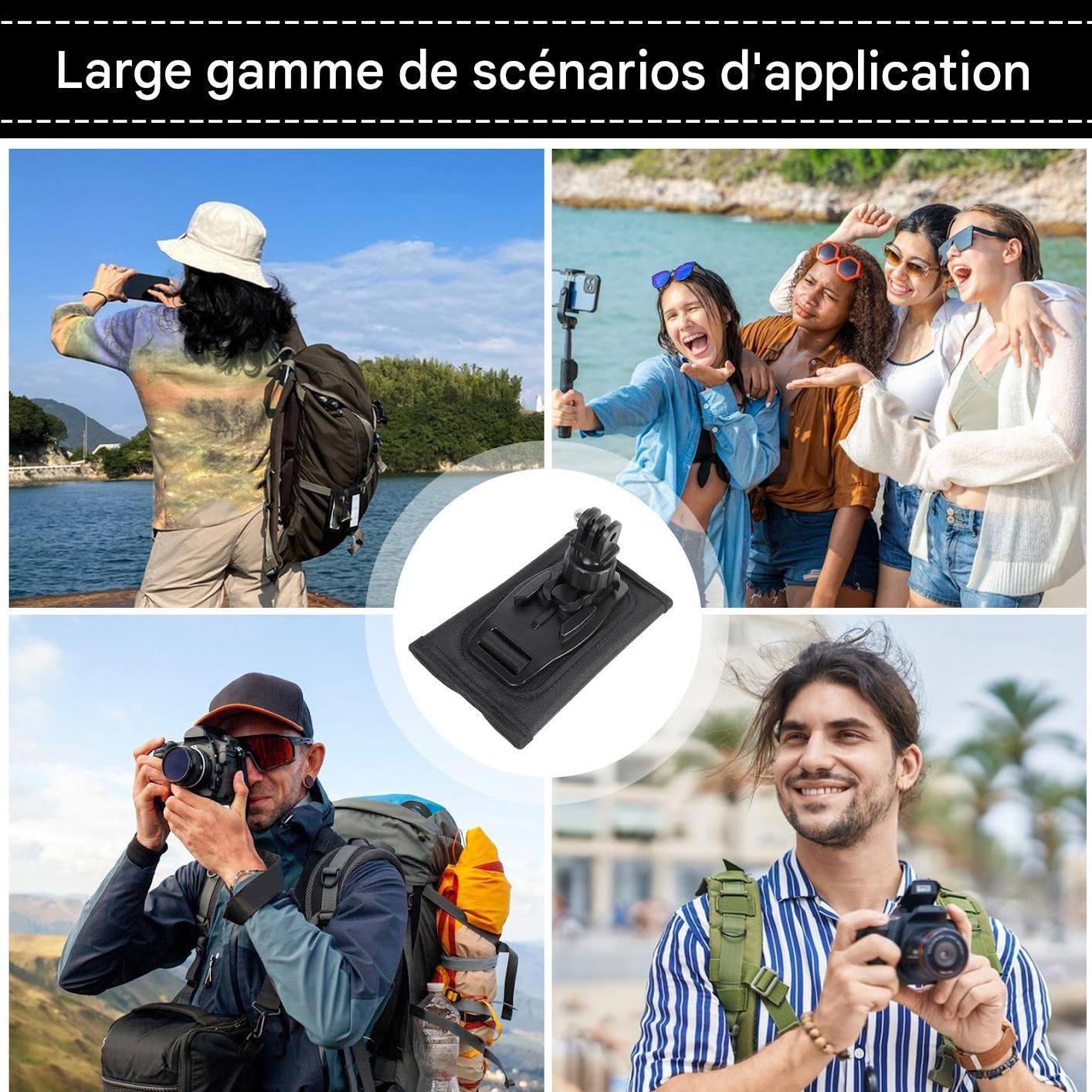 Support de Caméra pour Sac à Dos,Support de Sangle pour Caméra d'action - Accessoires De Sac Antidérapants, Support De Bretelle Rotatif À 360 Degrés Antichoc pour Vélo Camping Et Aventure