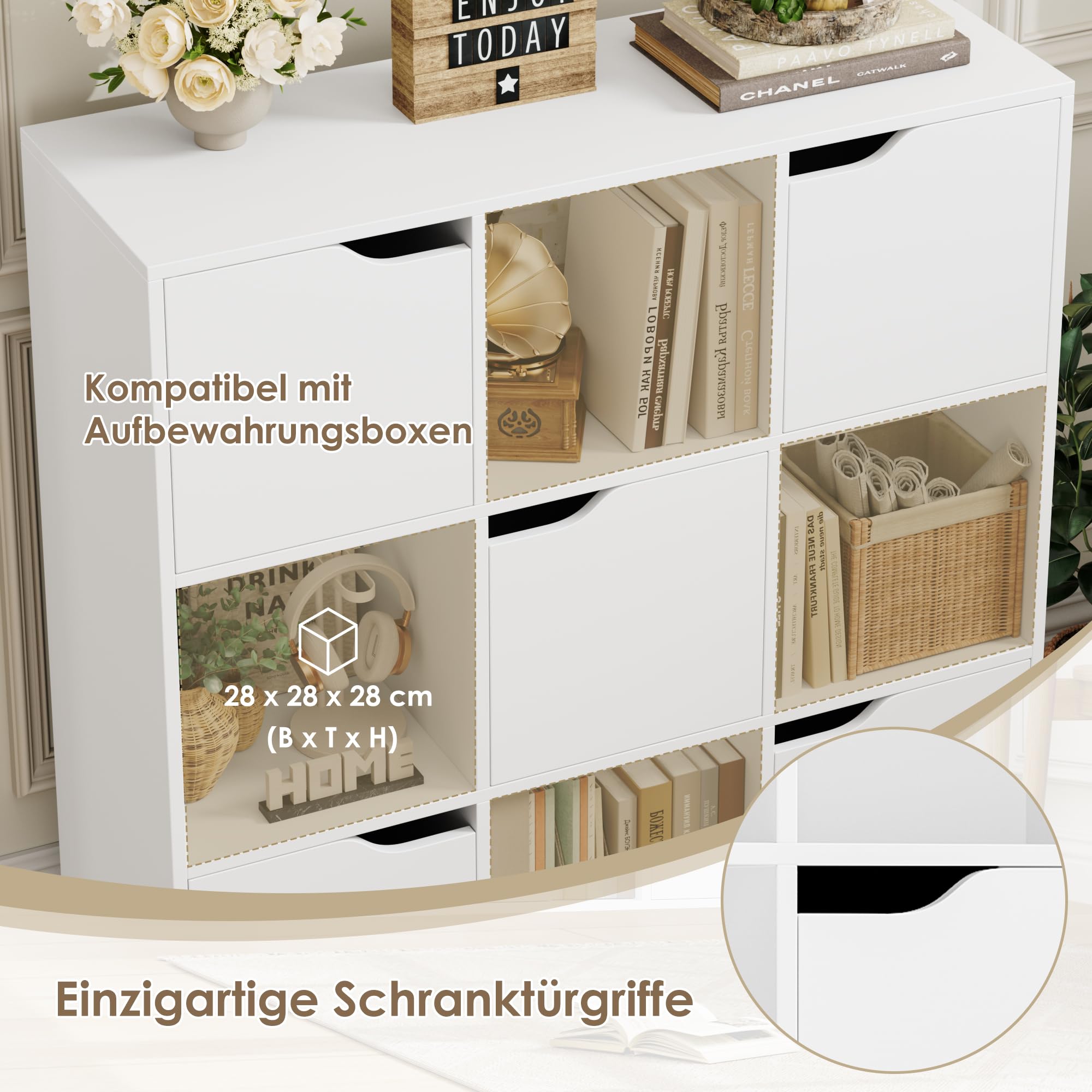 FirFurd Bücherregal Bücherschrank mit 5 Türen 9 Fächern 90x29x90 cm weiß | Kallax Regal, Würfelregal, Büroregal, Raumteiler, Aufbewahrungsregal für Wohnzimmer Arbeitszimmer Kinderzimmer
