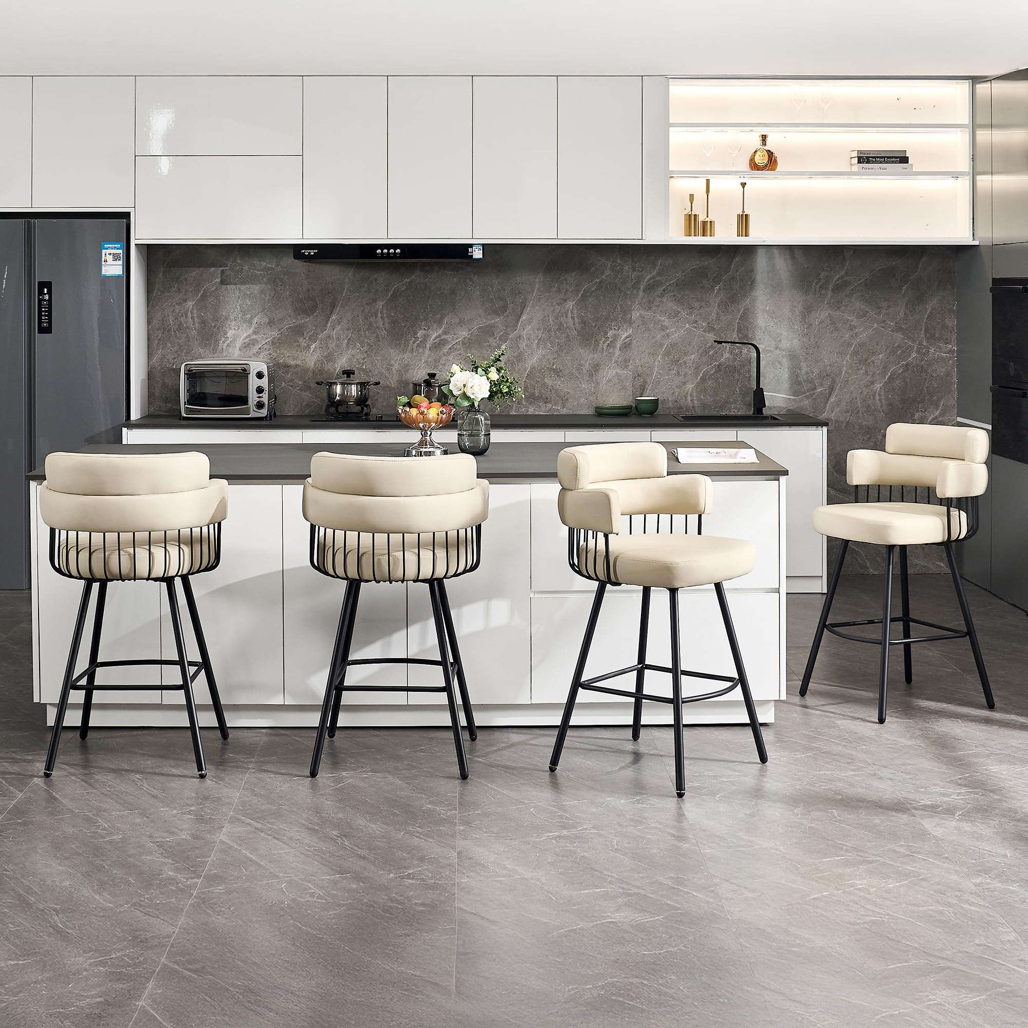 BFZ Bar Stools Set of 4, 27" Modern Counter Height Bar Stools with Back and Footrest, Upholstered Faux Leather Barstools for Kitchen Counter, Island