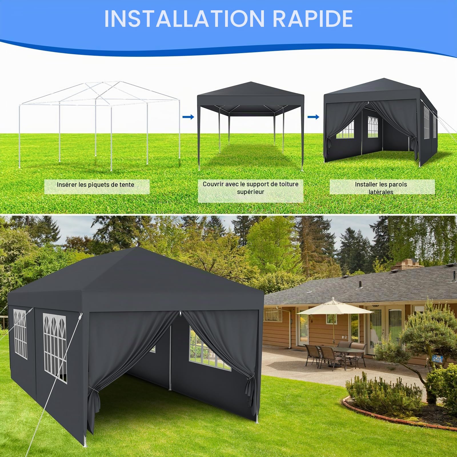 Kuro sagol Tonnelle de Jardin 3x3M,Tente Réception,Tente de Campingavec Fenêtres、Parois Latérales，Imperméable,Anti UV，Résistant au Vent Auvent,Barnum pour Camping Festival Plage,Anthracite