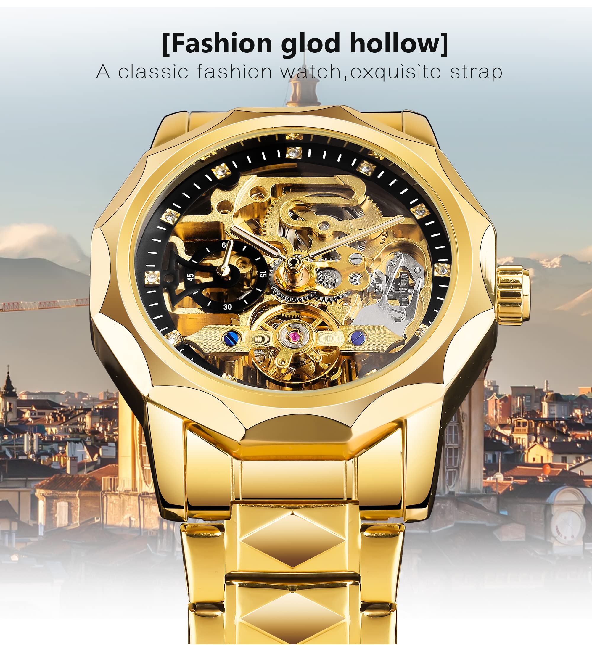Armbanduhr Herren Analog Automatik Edelstahl Mechanische Skelett Männer Uhr Glas Rückseite