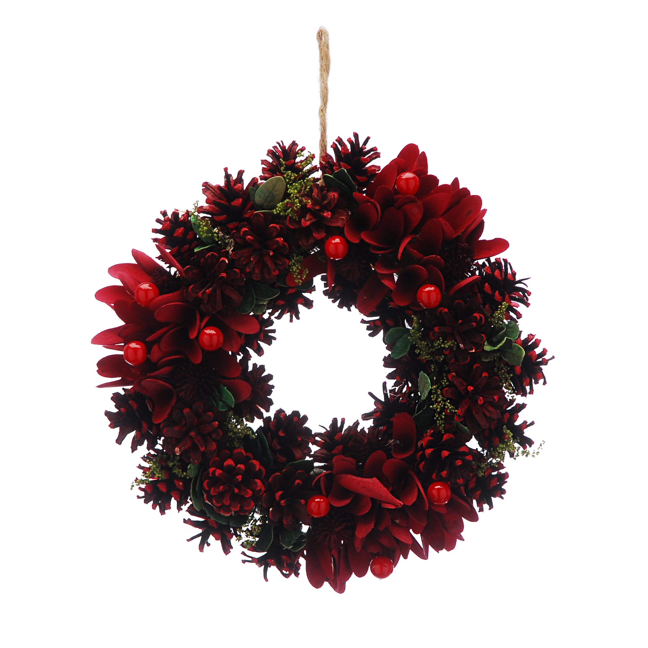 Festive Productions 30cm Christmas Wreath with Red Flowers, Berries, Pinecones & Greenery – Bold Festive Door Decoration