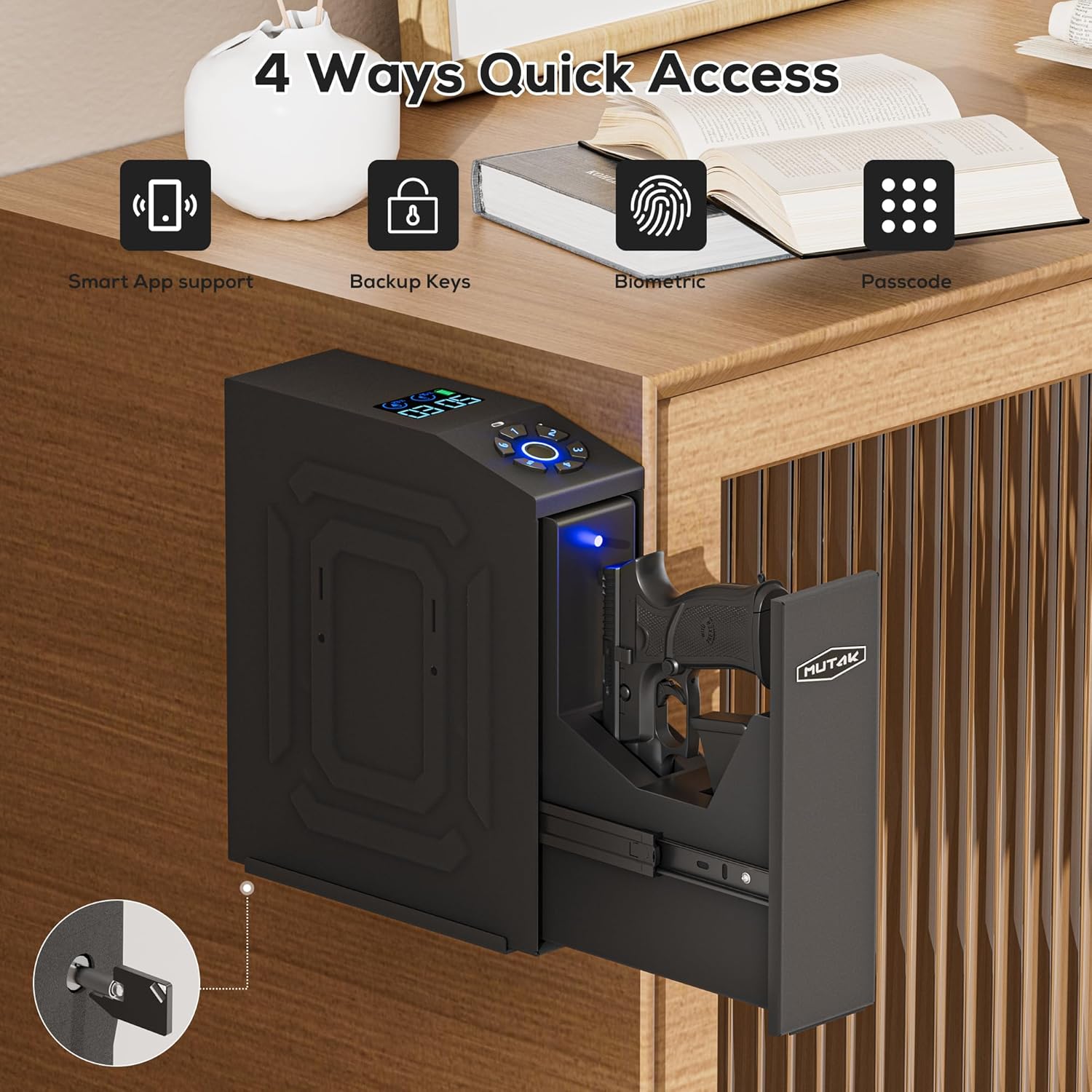 Biometric Gun Safe for Handgun with LCD Screen for Nightstand, Desk, Bed Side,Truck - Auto Sliding Door Hand Gun Safe for Pistol with APP/Fingerprint/PIN Code/KEY