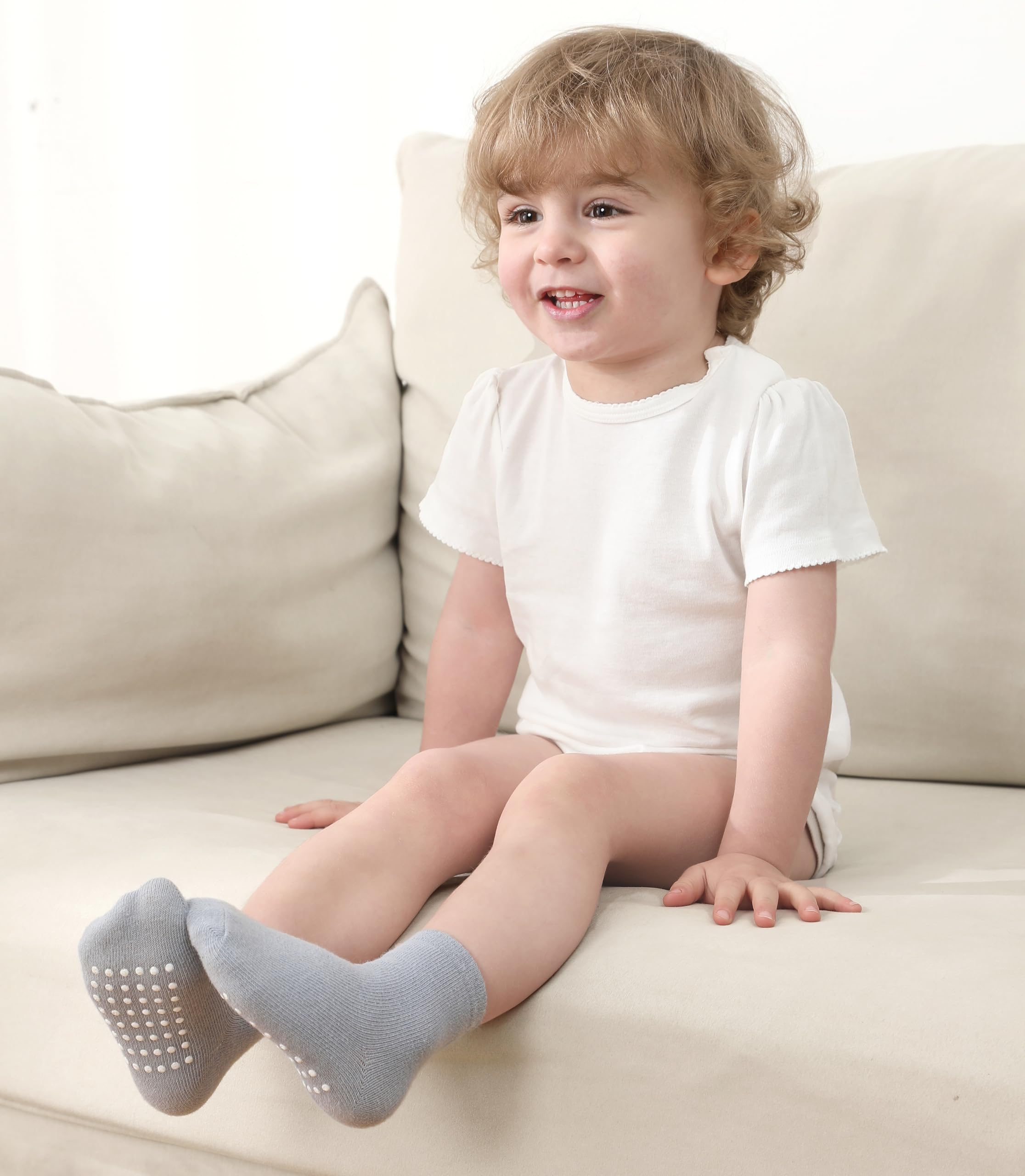 JAKIDAR Paquete de 12 calcetines de bebé para niños pequeños, de algodón antideslizante, calcetines tripulados para niños, niñas, bebés y niños, marrón, azul índigo, Haze Caqui, gris, 12-24 meses