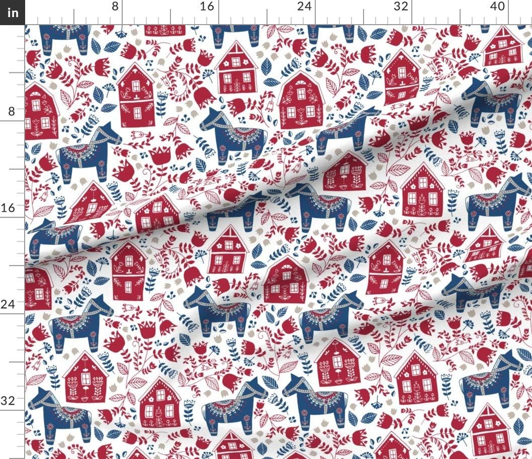 Spoonflower Fabric - Swedish Folk Art Dala Horse Scandinavian Red Blue Printed on Petal Signature Cotton Fabric by The Yard - Sewing Quilting Apparel Crafts Decor