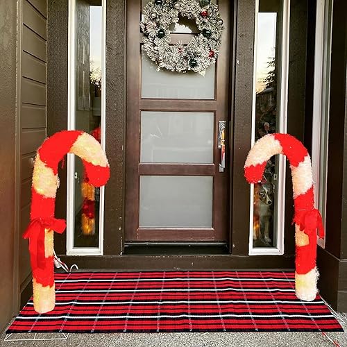 Miniatura 3 de Tapete de Navidad de 3 x 5 pies, color negro y rojo, tapete de bienvenida lavable para casa de campo, tapete de bienvenida reversible a cuadros,