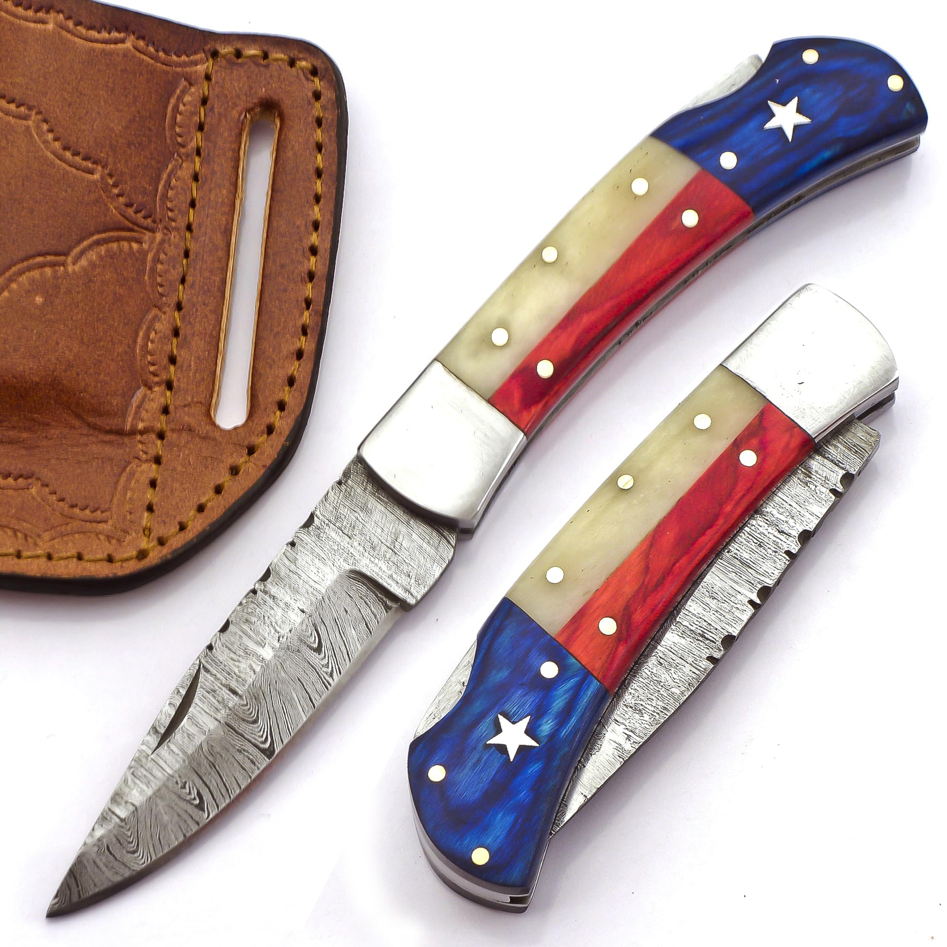 Blaydz Damascus Steel Pocket Knife with Premium Leather Sheath - Damascus Folding Knife with Backlock - Folding Damascus Steel Knife with Texas Flag Handle, Blue, Red & White