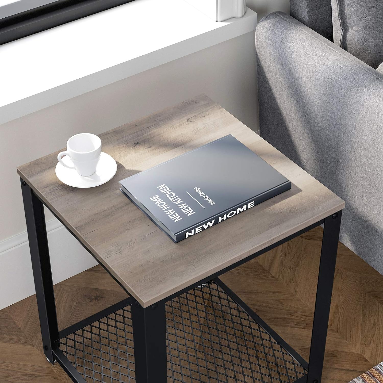 VASAGLE Side Table, 2-Tier Nightstand, End Table with Mesh Shelf, Steel Frame, Adjustable Feet, for Living Room, Bedroom, Industrial Style, Greige and Black ULE041B02