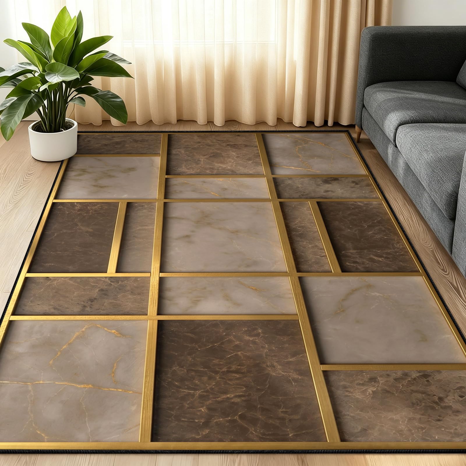 KUKEEUA Brown Marble Rugs Living Room 200x300cm Gold Brown Rug
