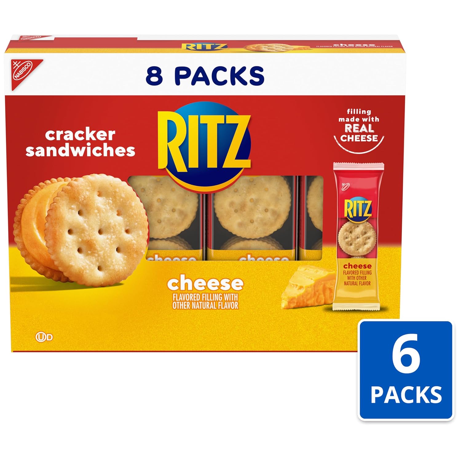RITZ Cheese Sandwich Crackers, Lunch Snacks, 48 Snack Packs (6 Boxes, 6 Crackers Per Pack)