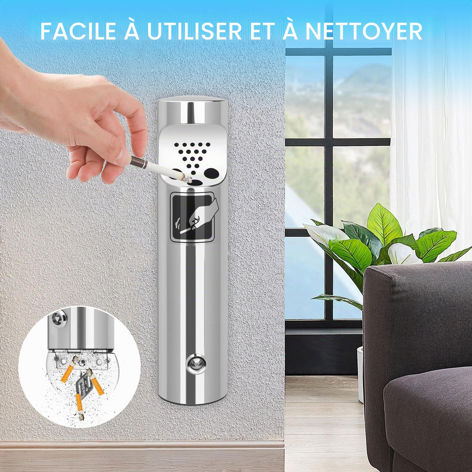 Cendrier mural pour extérieur, 28,5 x 6,5 cm, en acier inoxydable, avec matériel de montage, clé, résistant aux intempéries, pour terrasse, jardin, bureau, hôtel, rue