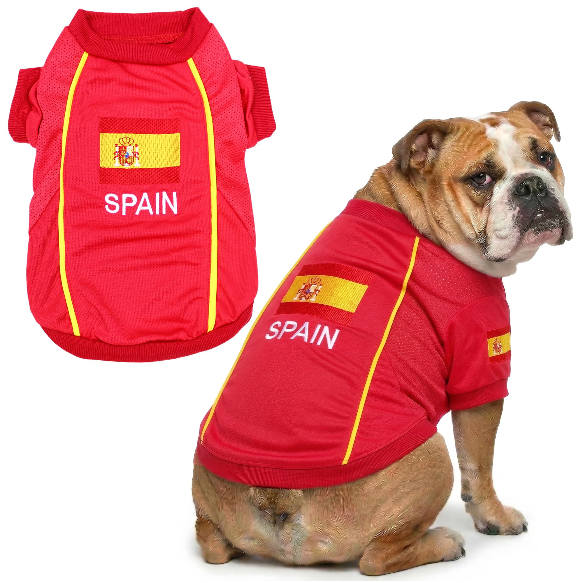 Parisian Pet Dog Jersey - Embroidered “ Spain “ Breathable Mesh Fabric Dog Sports Costume - Football, and Olympic Sportswear Pet Clothes - Lightweight Dog Jerseys for Large Dogs - 3XL