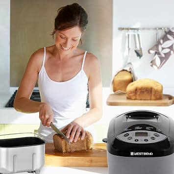 آلة West Bend Hi-Rise Bread Maker قابلة للبرمجة بـ 12 برنامجًا بما في ذلك الأطعمة الخالية من الغلوتين و3 أحجام رغيف وألوان قشرة مع مقلاة خبز أفقية على شكل تقليدي مع شفرات عجن مزدوجة، 3 رطل، رمادي
