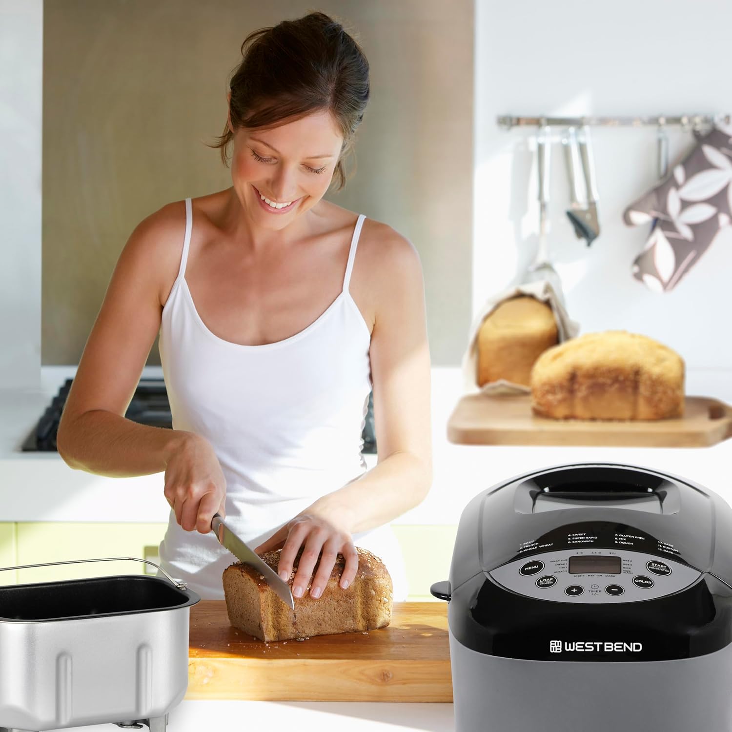 West Bend Hi-Rise Bread Maker Machine Programmable 12 Programs Including Gluten Free & 3 Loaf Sizes and Crust Colors with Traditionally-Shaped Horizontal Bread Pan with Dual Knead Blades, 3-Lb, Gray, view 2