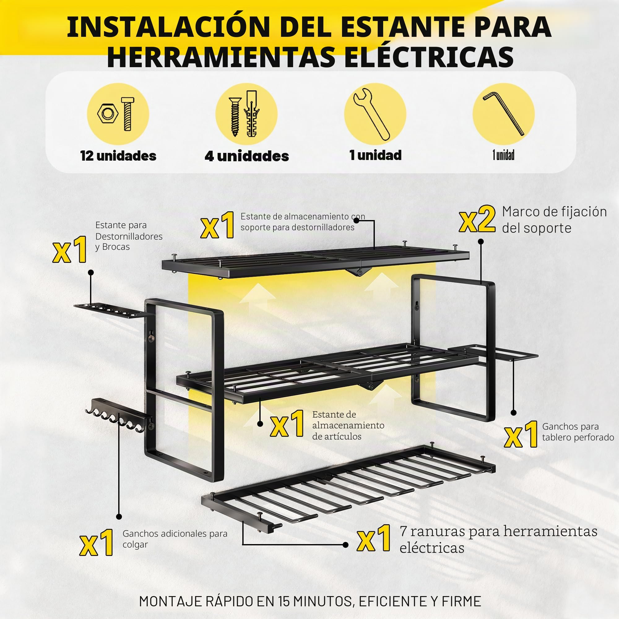 Hipidian Organizador de Pared 3 Niveles para Herramientas Eléctricas - Soporte con 7 Portabrocas y 68 kg Capacidad, Almacenaje en Acero para Taller, Garaje y Trastero