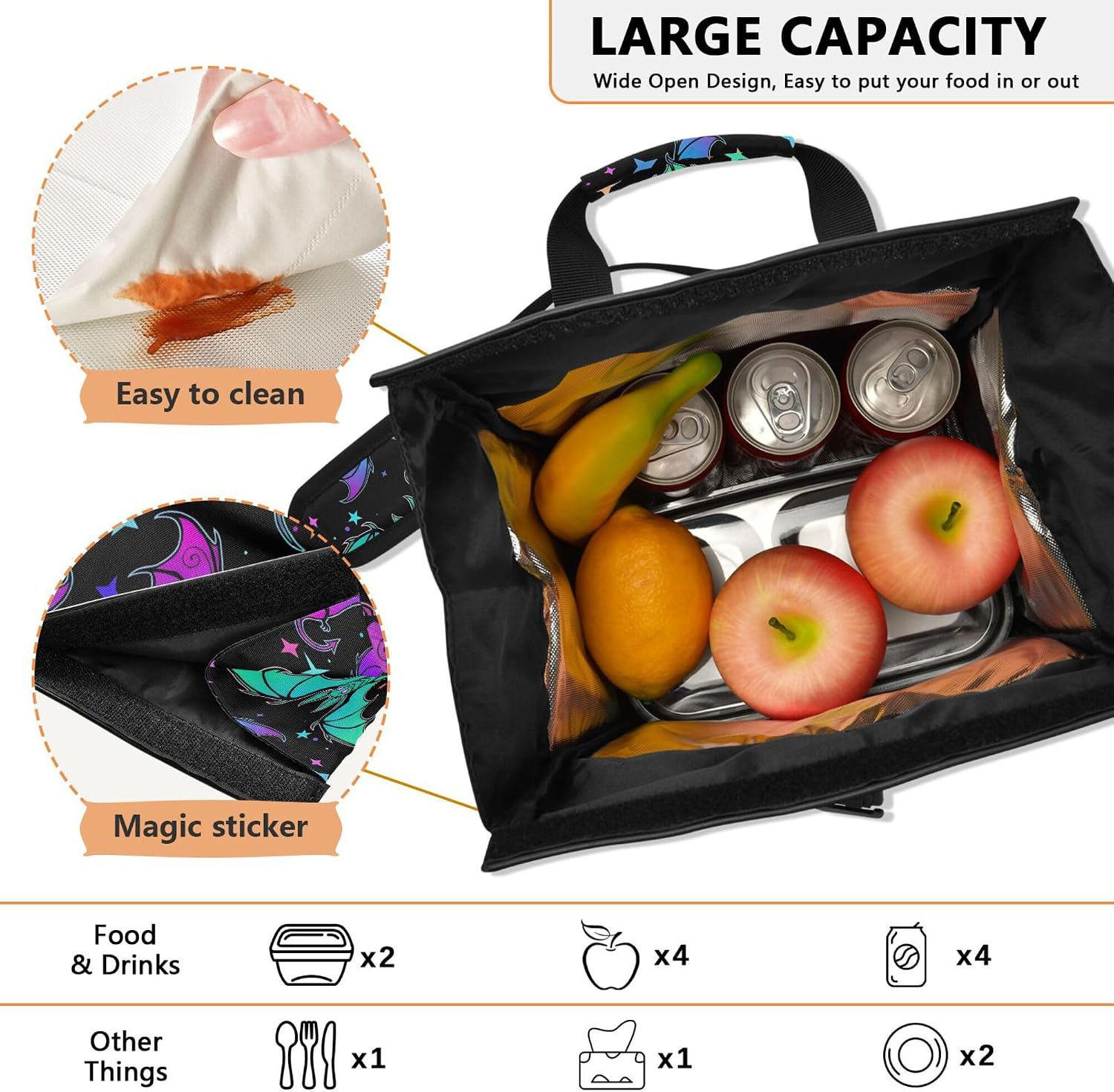MNSRUU Insulated Lunch Bags Women Men Aldults, Halloween Luminous Bats Portable Reusable Thermal Meal Tote Cooler Bag Organizer, Adjustable Shoulder Strap, Handle