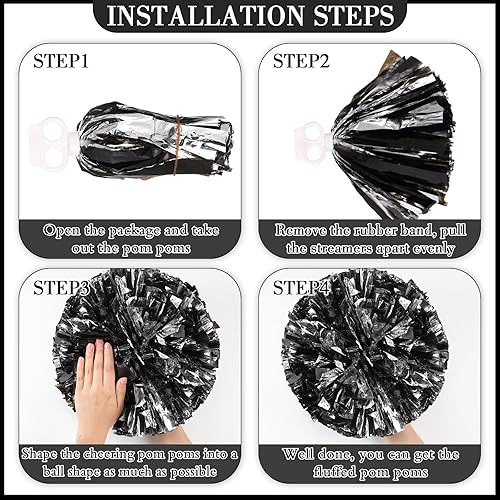Miniatura 203 de Hanaive 3 pompones de animadora y lazo grande para animadora para el pelo, suministros metálicos para animadora de espíritu de equipo, deportes