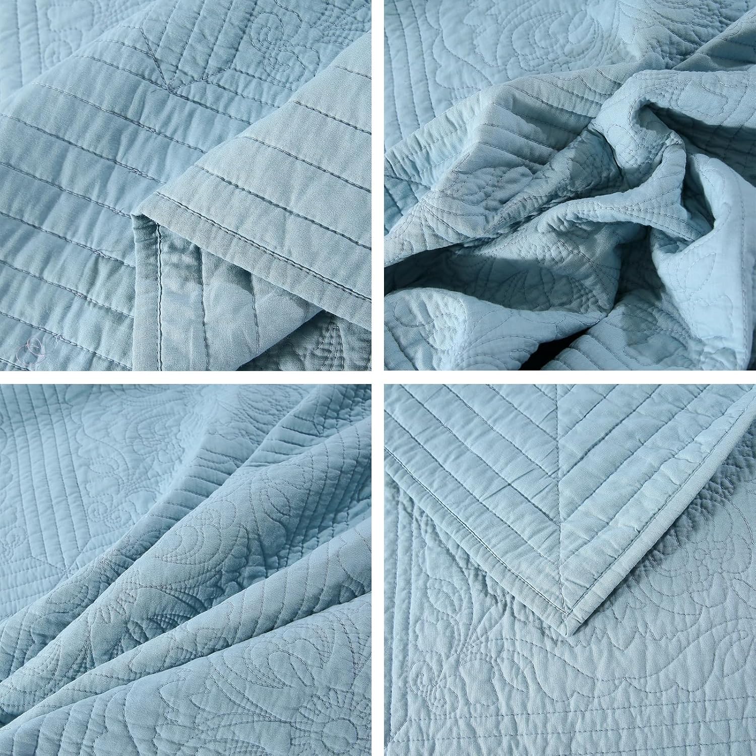 vctops Queen Size Cotton Quilt Set Soft Lightweight Bedspread Modern Style Floral Pattern Coverlet for All Season 3 Piece 1 Quilt and 2 Shams (Water Blue,90"x106")