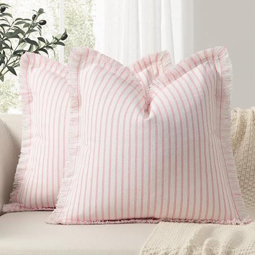 ZWJD Throw Pillow Covers 24x24 Set of 2 Striped Pillow Covers with Fringe Chic Cotton Decorative Pillows Square Cushion Covers for Sofa Couch Bed Living Room Farmhouse Decor, (Pink)