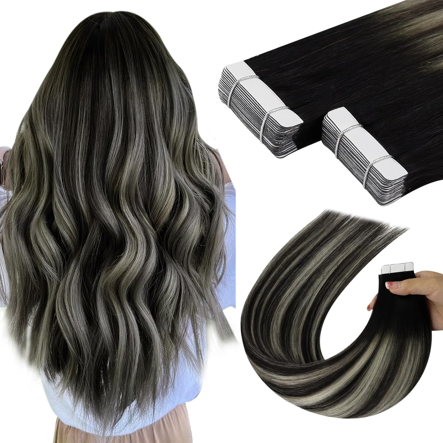 Black and Silver Tape in Hair Extensions, YoungSee Tape in Hair Extensions Human