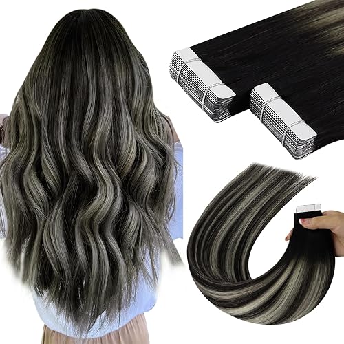 YoungSee Extensiones de cabello con cinta color negro, degradado, gris, plateado, balayage, extensiones de cabello humano real, color negro, sin