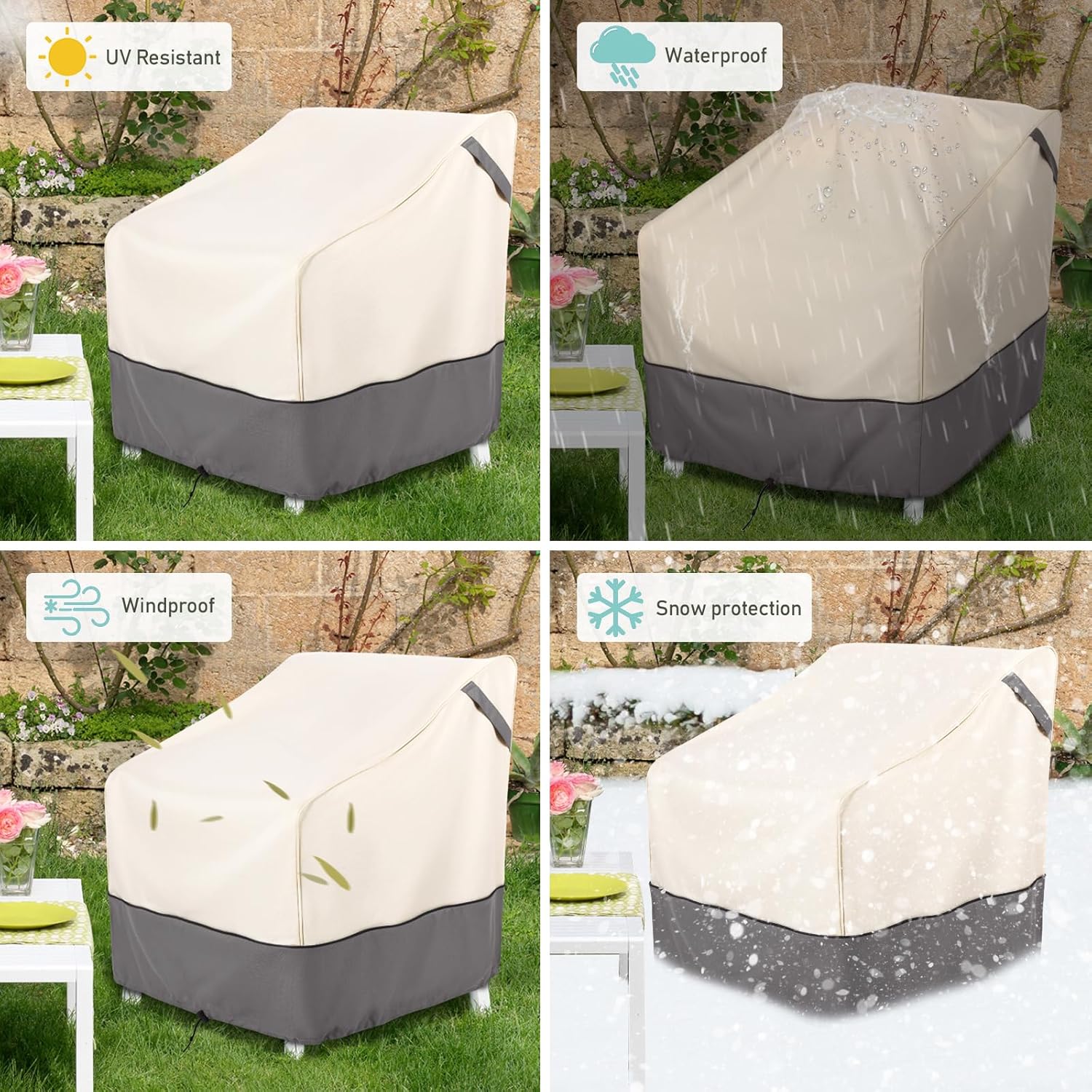 Waterproof Patio Furniture Chair Covers 2-Pack, Heavy Duty 600D Oxford Outdoor Protector for Deep Seat Chairs, UV & Wind Resistant All-Season Protection, 32"W x 37"D x 36"H (Beige/Grey)