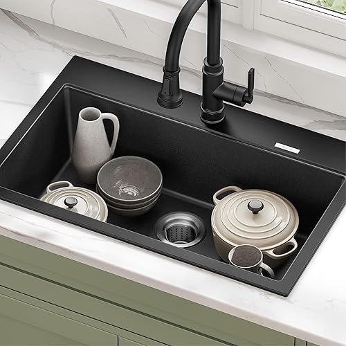 Vista 11 de KRAUS Quarza 31-inch Drop-In/Undermount Single Bowl Granite Kitchen Sink in Black Onyx, KGD-412B Negro Onyx
