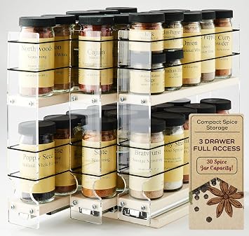 Vertical Spice Cabinet Mounted Spice Rack Drawer - Pull Out Cabinet Organizer - Cupboard Organizers & Storage - Pantry Shelves - 30 Reg. Jars, 3 Drawers, 2 Tiers 6.9" W x 10.75" H x 10.6" D, Cream