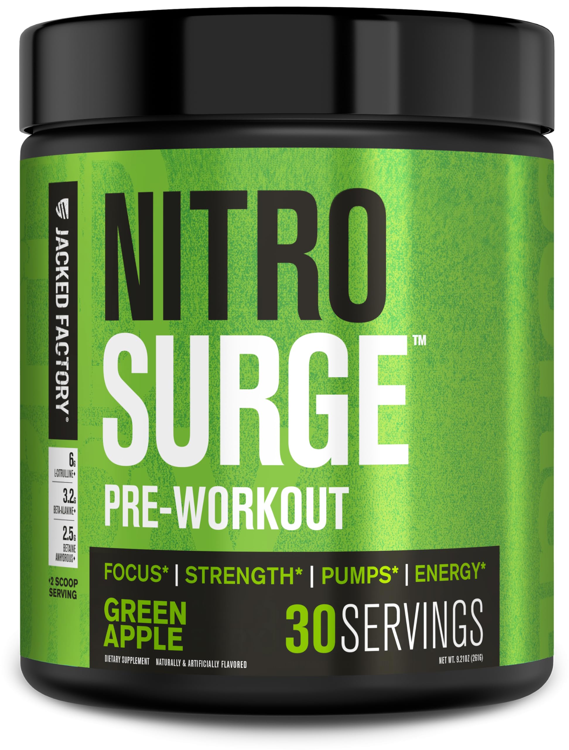 Jacked Factory NITROSURGE Pre Workout Supplement - Endless Energy, Instant Strength Gains, Clear Focus, Intense Pumps - NO Booster & Powerful Preworkout Energy Powder - 30 Servings, Green Apple