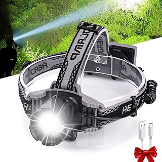 Rechargeable LED Headlamp, 100000 Lumens Super Bright Headlamps with 4 Modes, Zoomable, Digital Power Display, IPX6 Waterproof Headlamp with Warn Red Light for Hiking, Camping, Hunting, Adventures