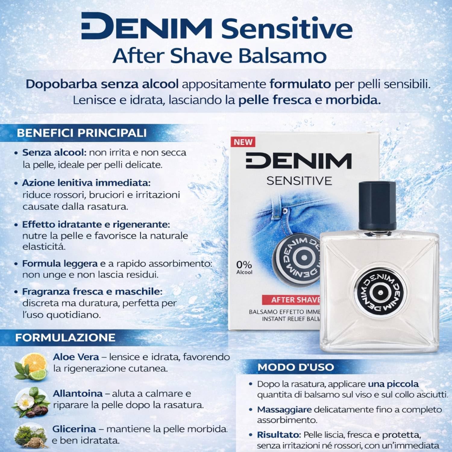 Denim Sensitive Balsamo Dopobarba Senza Alcool, Effetto Lenitivo Immediato, con Aloe Vera e Vitamina E, 100 ml (6)