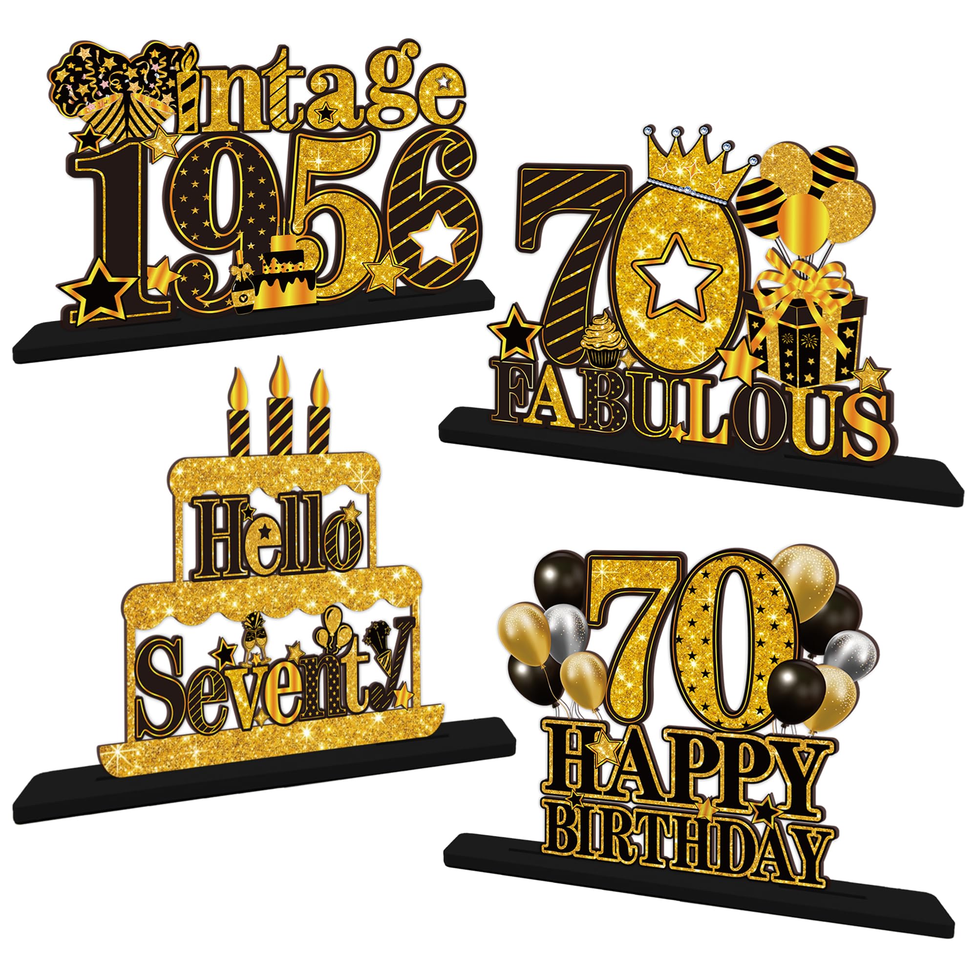 Lot de 4 décorations de table en bois vintage « Happy 70th Birthday » pour 70e anniversaire, noir et doré 70 et fabuleuses décorations de fête pour hommes et femmes