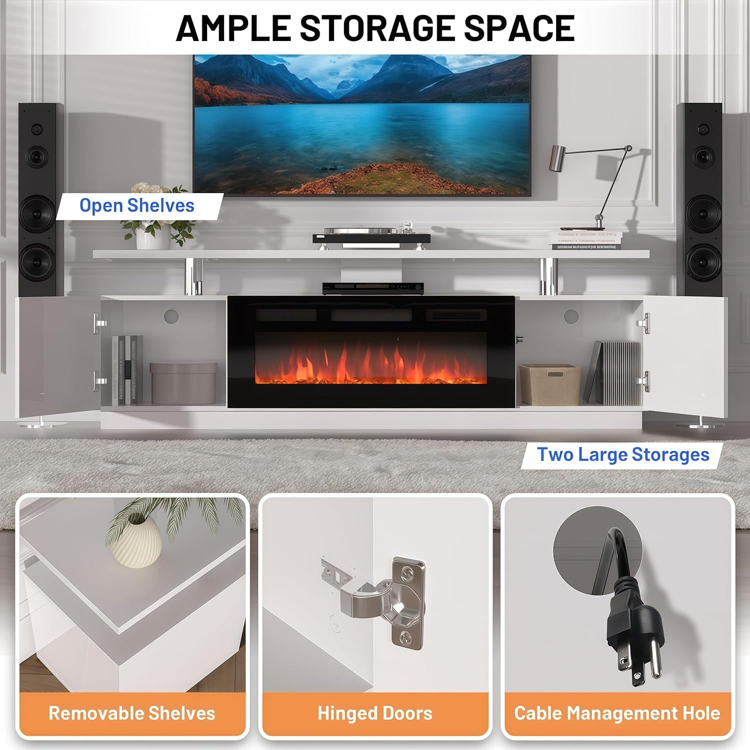 Fireplace TV Stand with 36" Electric Fireplace, for TVs Up to 80", LED Light Entertainment Center with Fireplace & Remote, 70 Inch 2-Tier Media Console with Storage Cabinet, for Living Room Bedroom